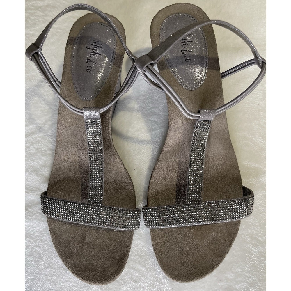 Style & Co Mulan 2 Embellished Evening Wedge Sandals Size 9W Silver Gray Sparkle